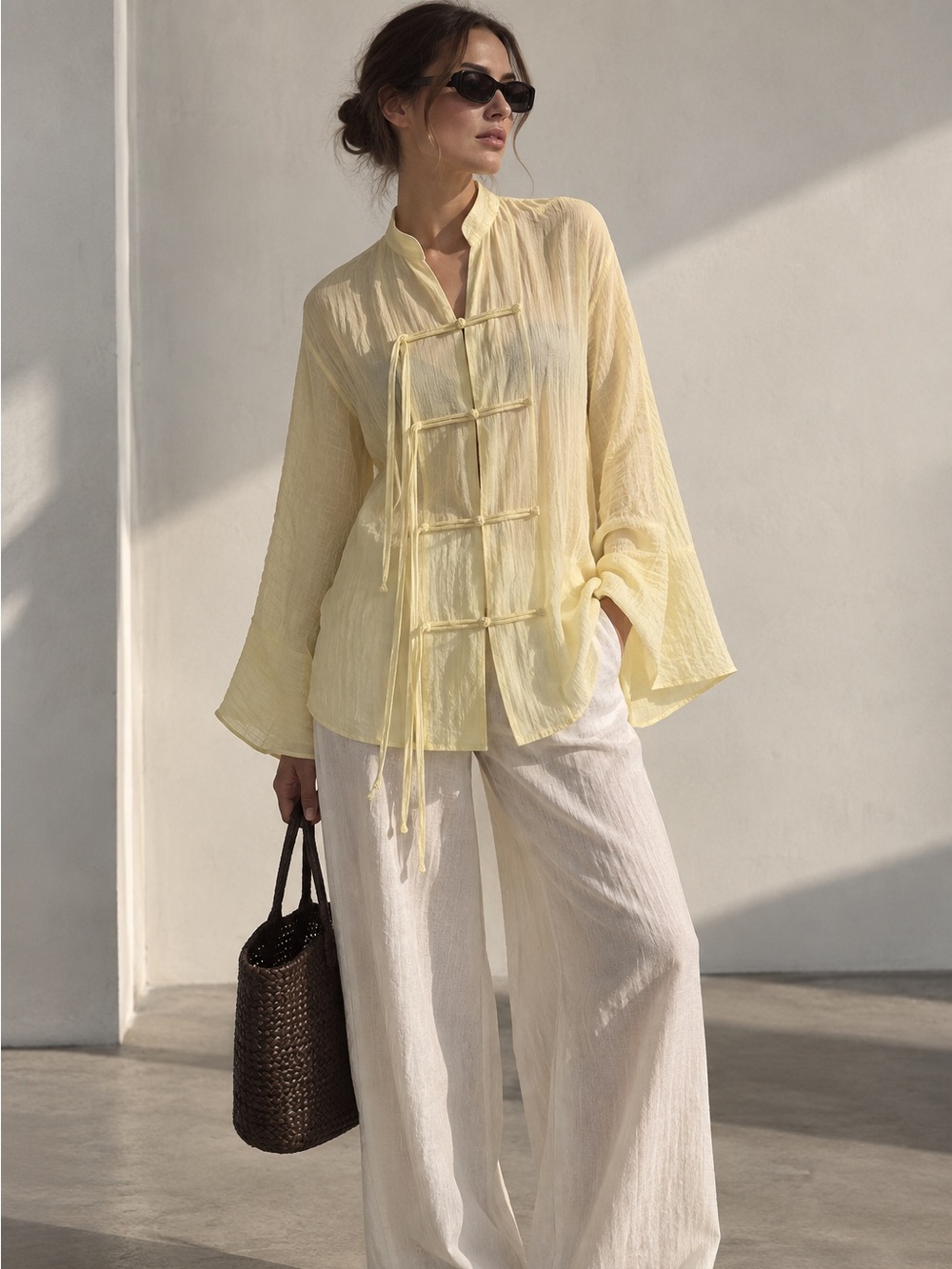Butter Yellow Chinese-Inspired Blouse | Mandarin Collar & Bell Sleeves | NWOT